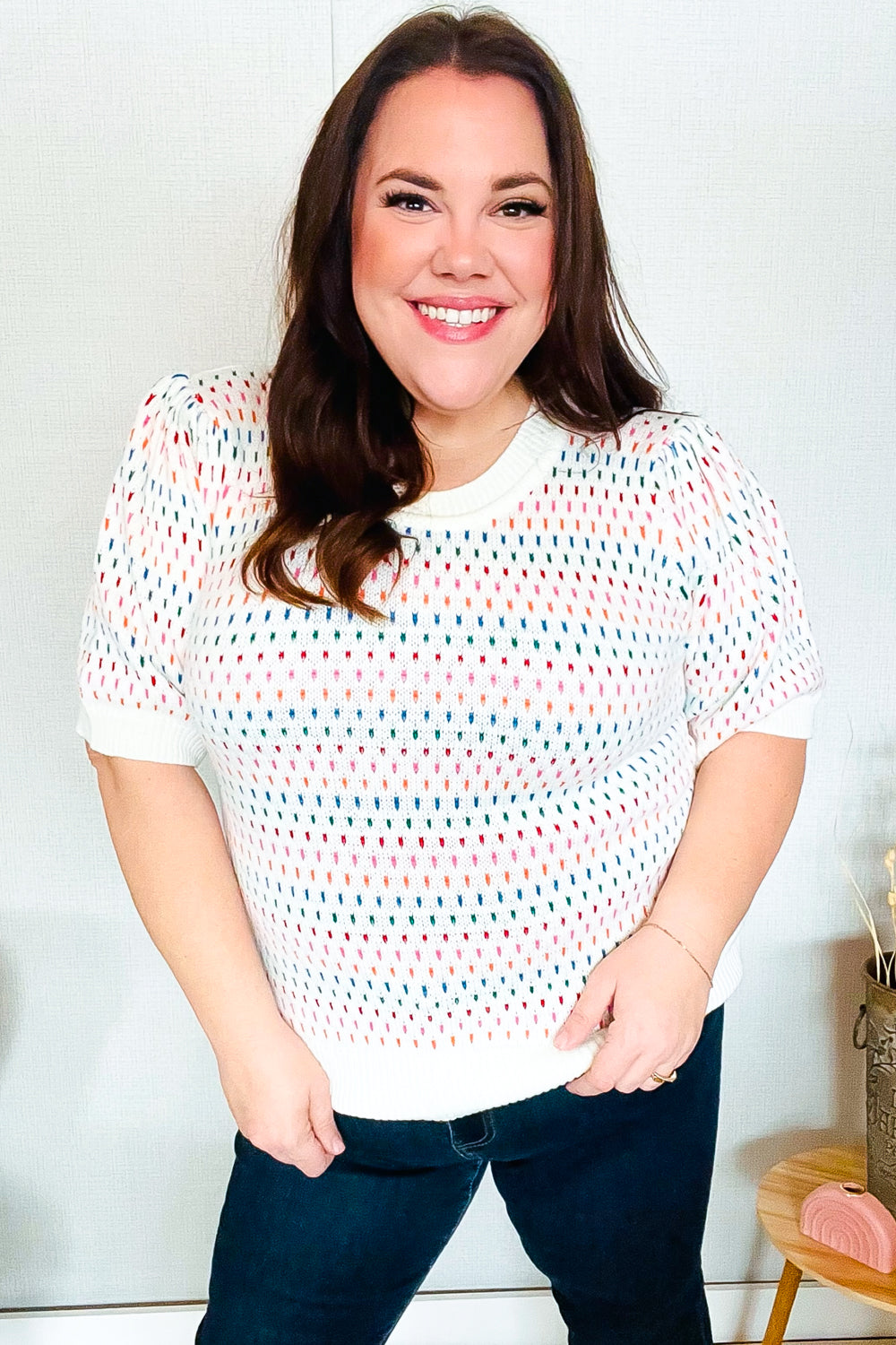 Spread Joy Ivory &amp; Multicolor Jacquard Bubble Sleeve Sweater | Nikki &amp; Co. Boutique