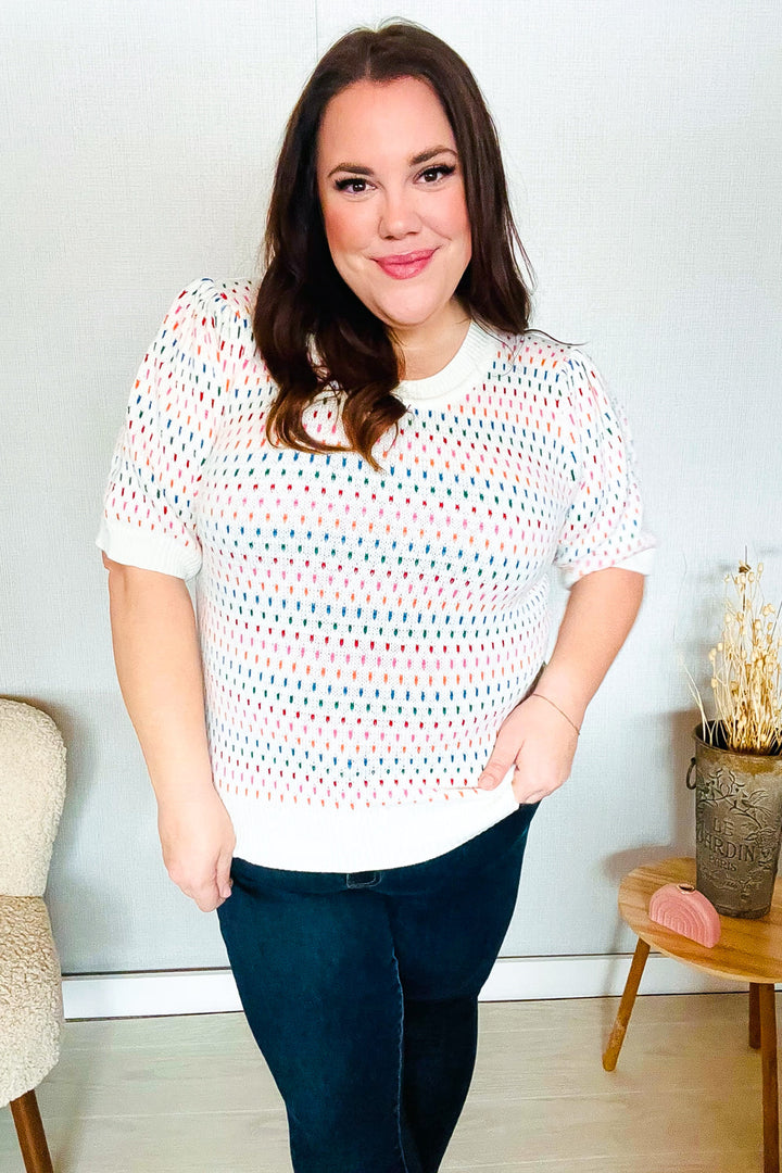 Spread Joy Ivory &amp; Multicolor Jacquard Bubble Sleeve Sweater | Nikki &amp; Co. Boutique