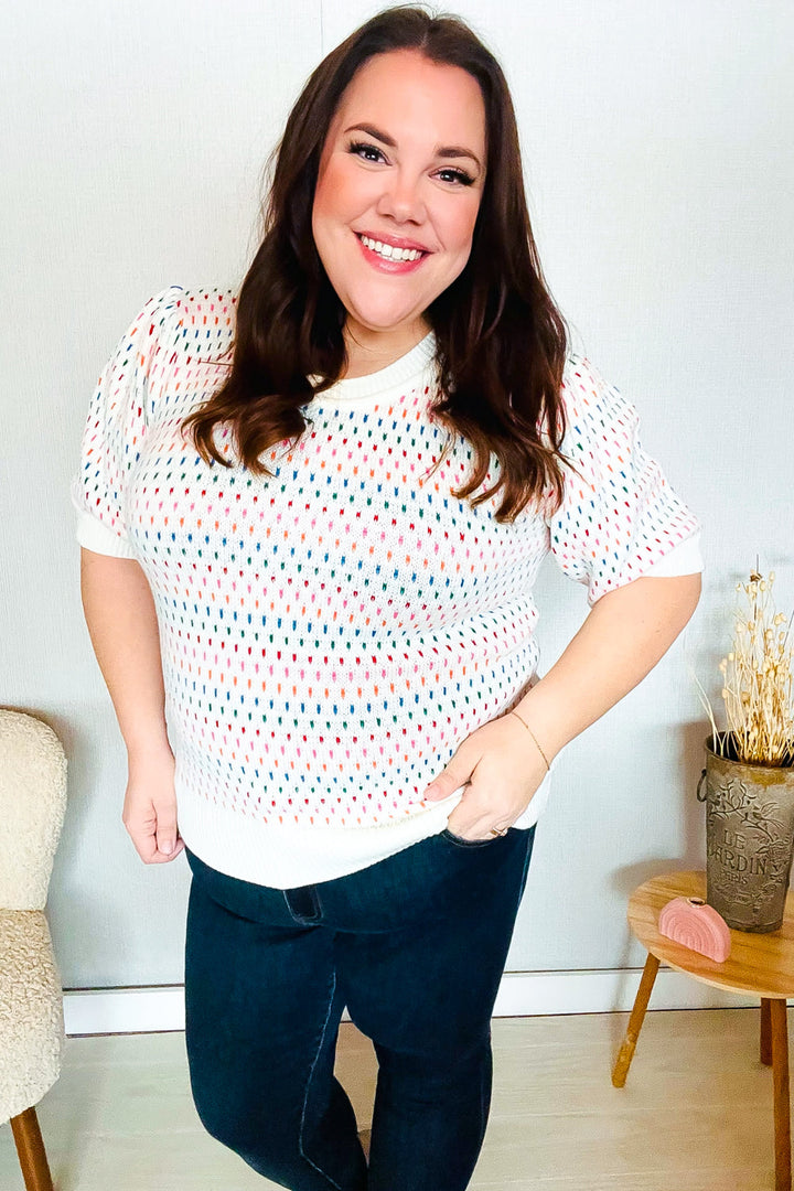 Spread Joy Ivory &amp; Multicolor Jacquard Bubble Sleeve Sweater | Nikki &amp; Co. Boutique