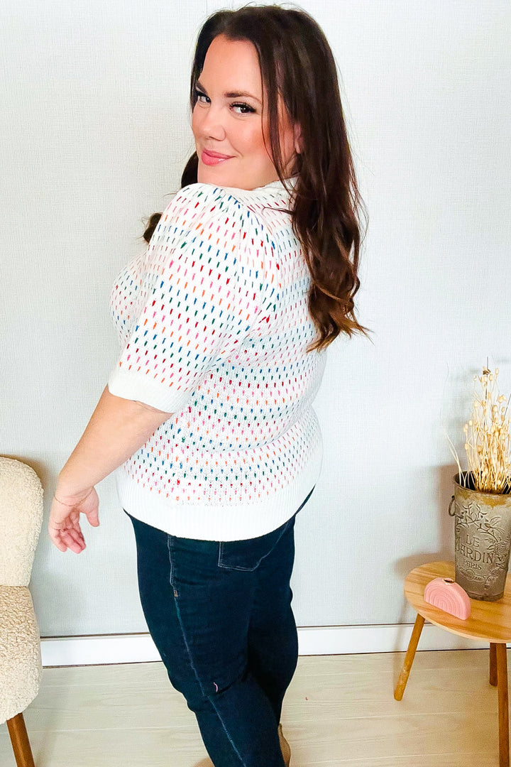 Spread Joy Ivory &amp; Multicolor Jacquard Bubble Sleeve Sweater | Nikki &amp; Co. Boutique