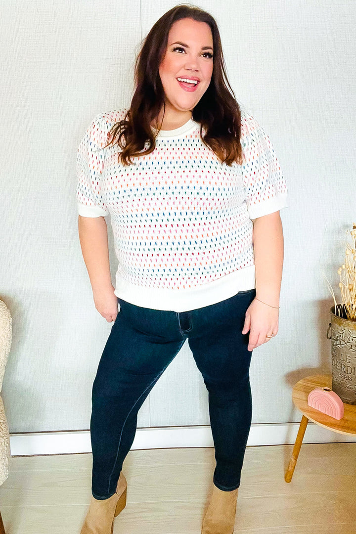 Spread Joy Ivory &amp; Multicolor Jacquard Bubble Sleeve Sweater | Nikki &amp; Co. Boutique