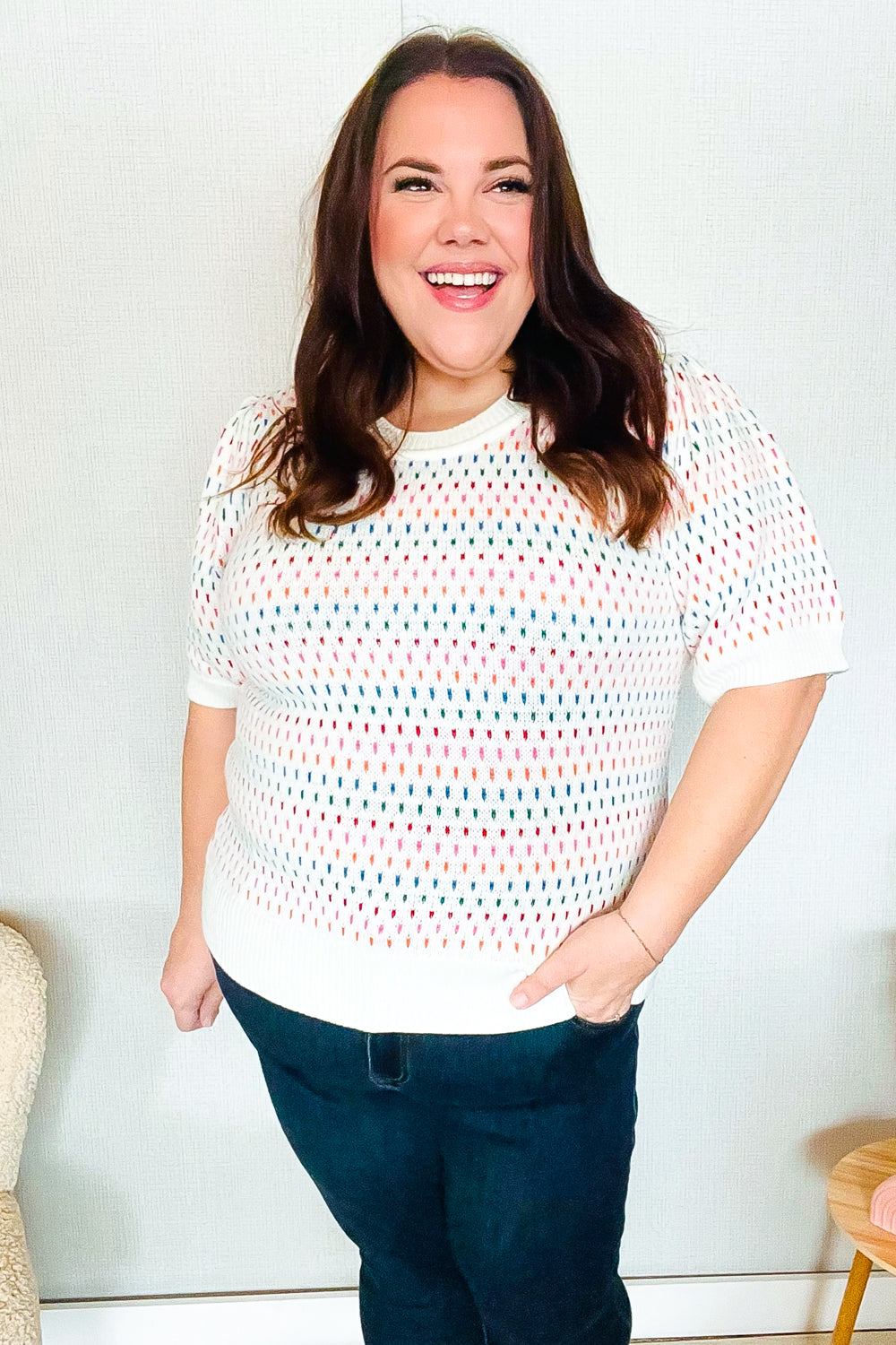 Spread Joy Ivory &amp; Multicolor Jacquard Bubble Sleeve Sweater | Nikki &amp; Co. Boutique