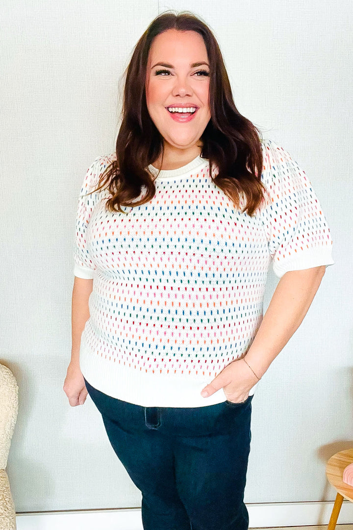 Spread Joy Ivory &amp; Multicolor Jacquard Bubble Sleeve Sweater | Nikki &amp; Co. Boutique