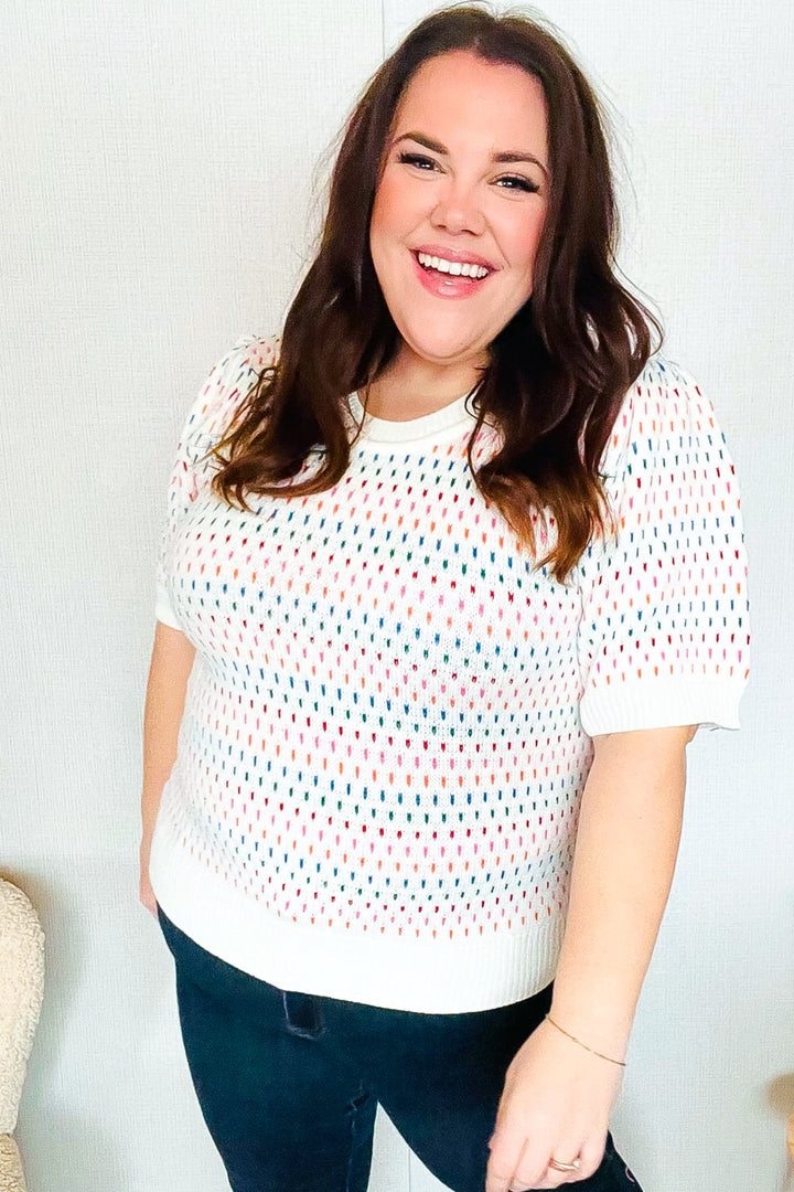Spread Joy Ivory &amp; Multicolor Jacquard Bubble Sleeve Sweater | Nikki &amp; Co. Boutique