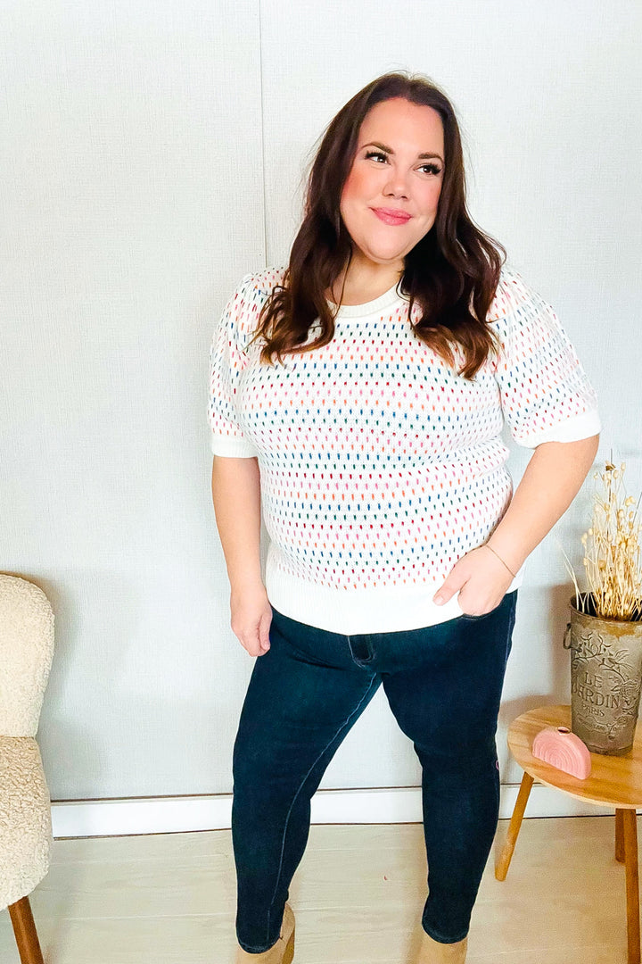 Spread Joy Ivory &amp; Multicolor Jacquard Bubble Sleeve Sweater | Nikki &amp; Co. Boutique