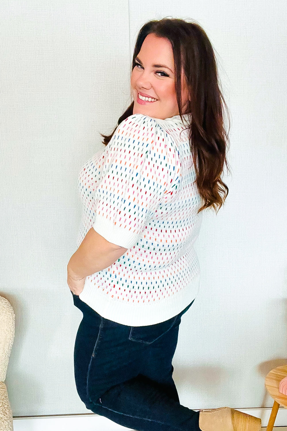 Spread Joy Ivory &amp; Multicolor Jacquard Bubble Sleeve Sweater | Nikki &amp; Co. Boutique