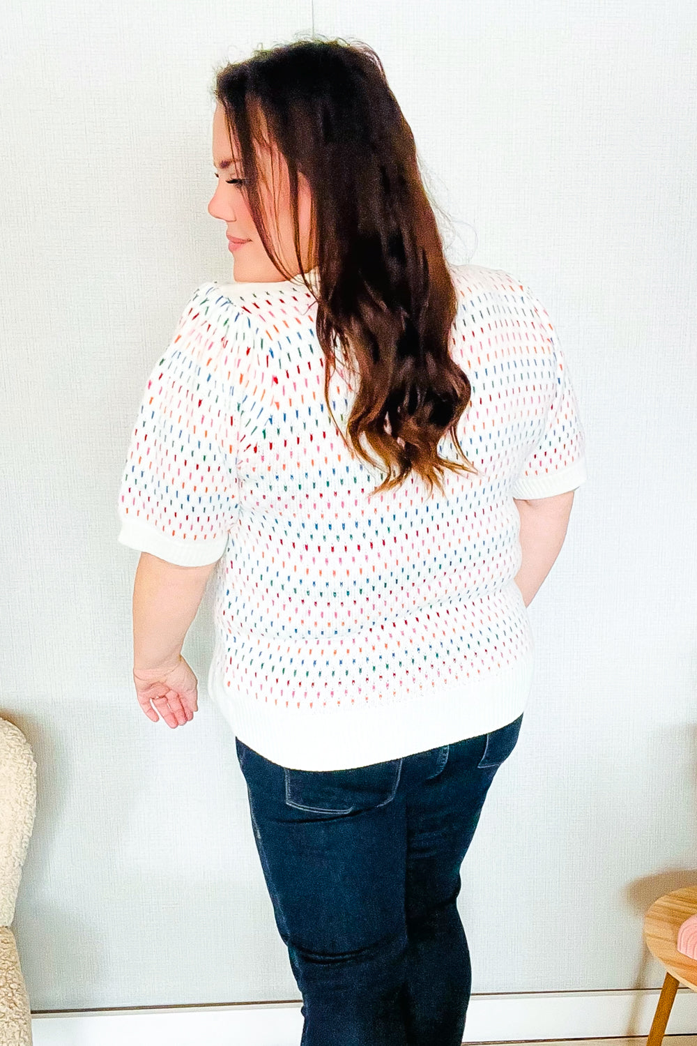 Spread Joy Ivory &amp; Multicolor Jacquard Bubble Sleeve Sweater | Nikki &amp; Co. Boutique