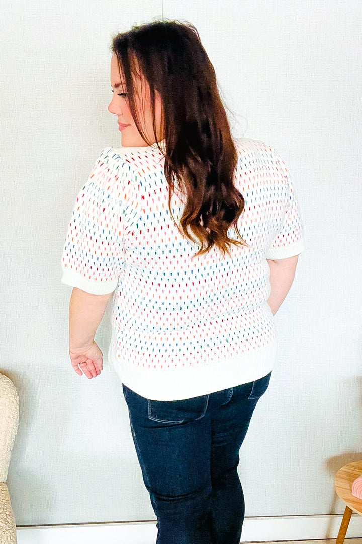 Spread Joy Ivory &amp; Multicolor Jacquard Bubble Sleeve Sweater | Nikki &amp; Co. Boutique