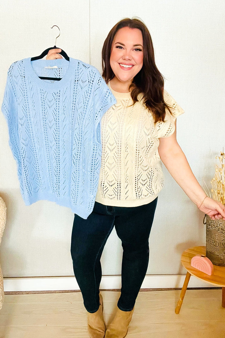 The Perfect Find Sky Blue Dolman Shorts Sleeve Crochet Sweater Top | Nikki &amp; Co. Boutique