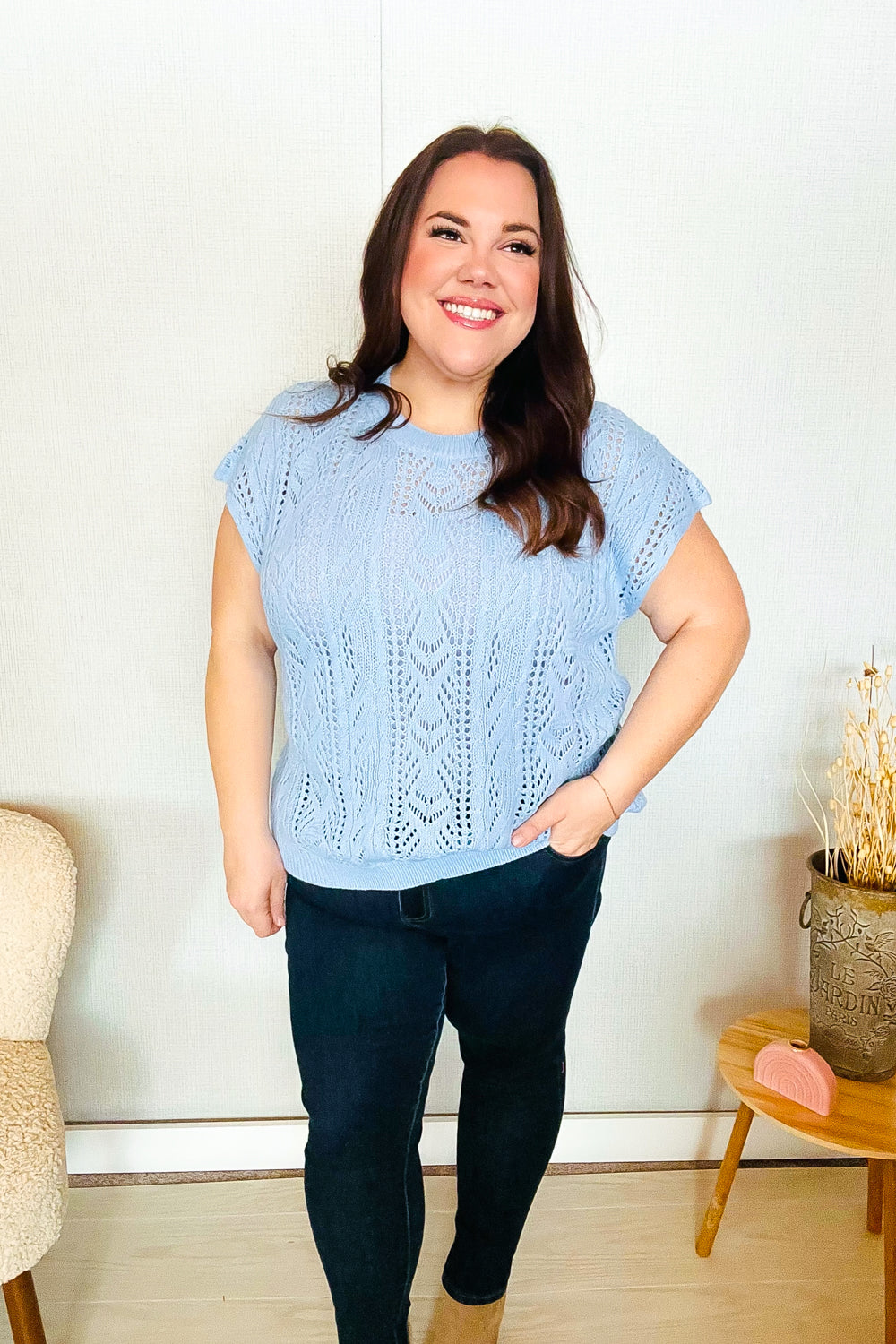 The Perfect Find Sky Blue Dolman Shorts Sleeve Crochet Sweater Top | Nikki &amp; Co. Boutique
