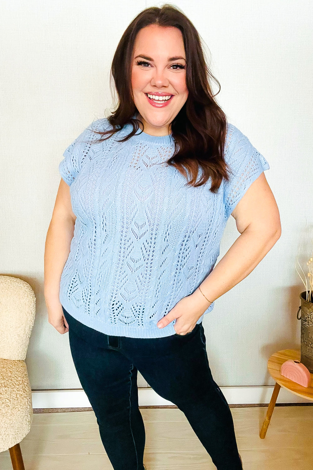 The Perfect Find Sky Blue Dolman Shorts Sleeve Crochet Sweater Top | Nikki &amp; Co. Boutique
