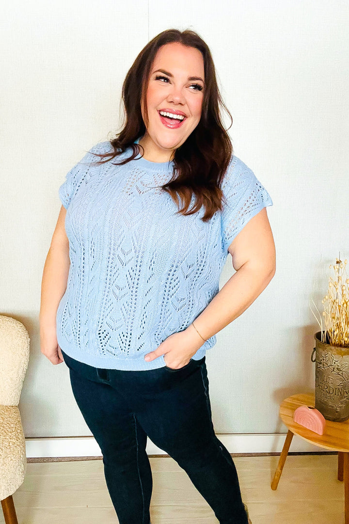The Perfect Find Sky Blue Dolman Shorts Sleeve Crochet Sweater Top | Nikki &amp; Co. Boutique