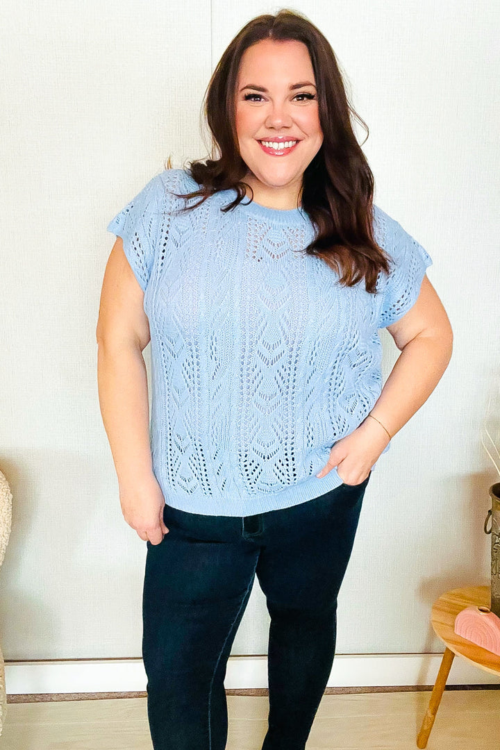 The Perfect Find Sky Blue Dolman Shorts Sleeve Crochet Sweater Top | Nikki &amp; Co. Boutique