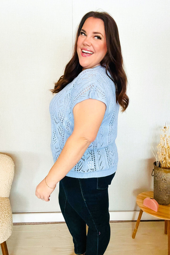 The Perfect Find Sky Blue Dolman Shorts Sleeve Crochet Sweater Top | Nikki &amp; Co. Boutique