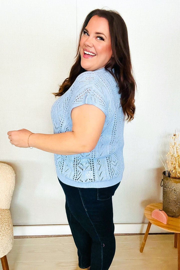 The Perfect Find Sky Blue Dolman Shorts Sleeve Crochet Sweater Top | Nikki &amp; Co. Boutique