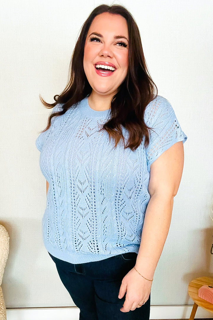 The Perfect Find Sky Blue Dolman Shorts Sleeve Crochet Sweater Top | Nikki &amp; Co. Boutique