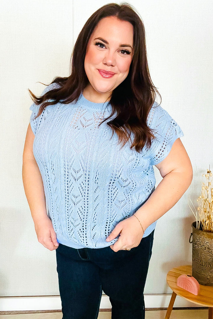 The Perfect Find Sky Blue Dolman Shorts Sleeve Crochet Sweater Top | Nikki &amp; Co. Boutique