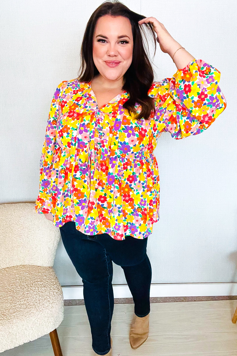 Chasing Dreams Ribbon Tie Bow Babydoll Puff Elastic Sleeve Floral Tops | Nikki &amp; Co. Boutique