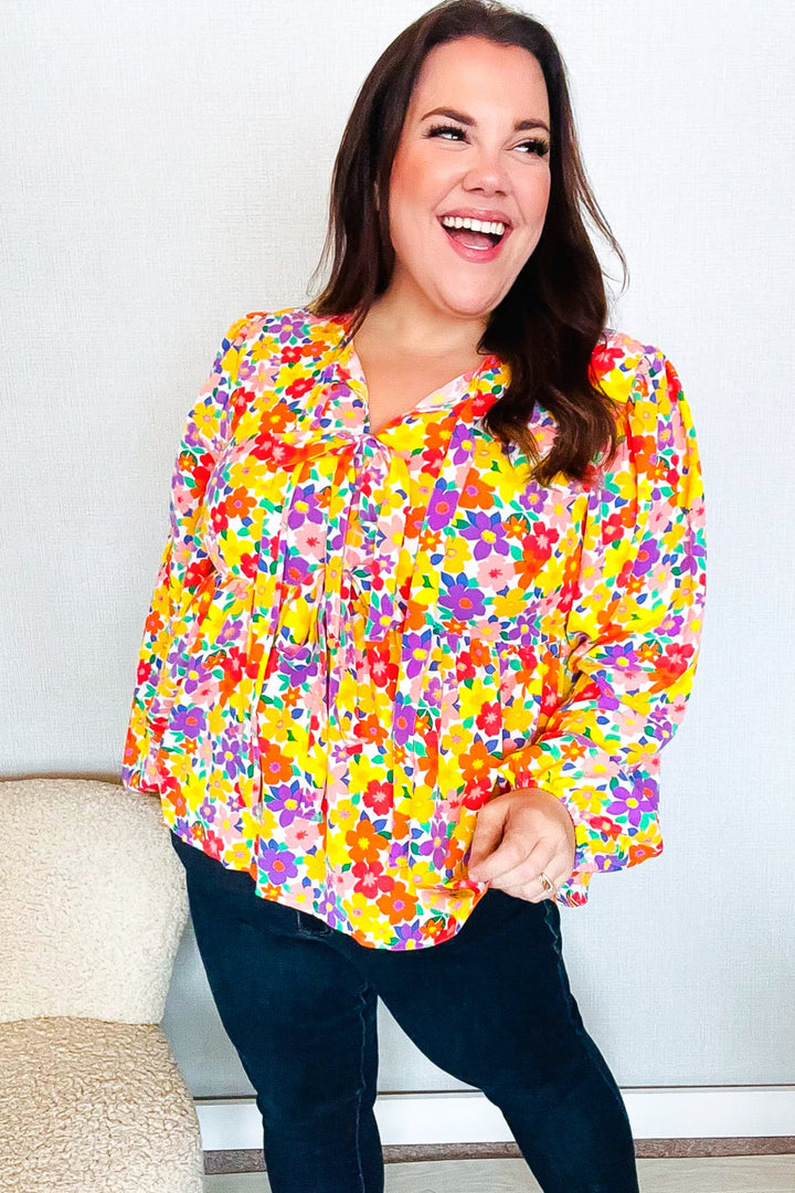 Chasing Dreams Ribbon Tie Bow Babydoll Puff Elastic Sleeve Floral Tops | Nikki &amp; Co. Boutique