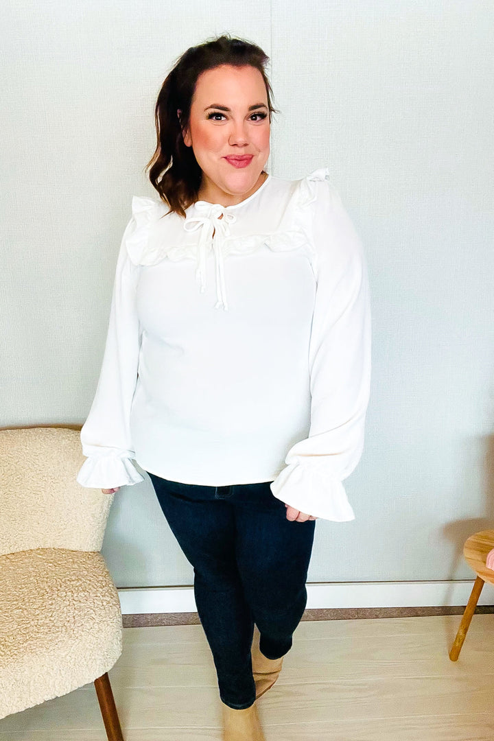Eyes On You Ivory Ribbon Tie Bow Square Neck Ruffle Bubble Sleeve Blouse | Nikki &amp; Co. Boutique
