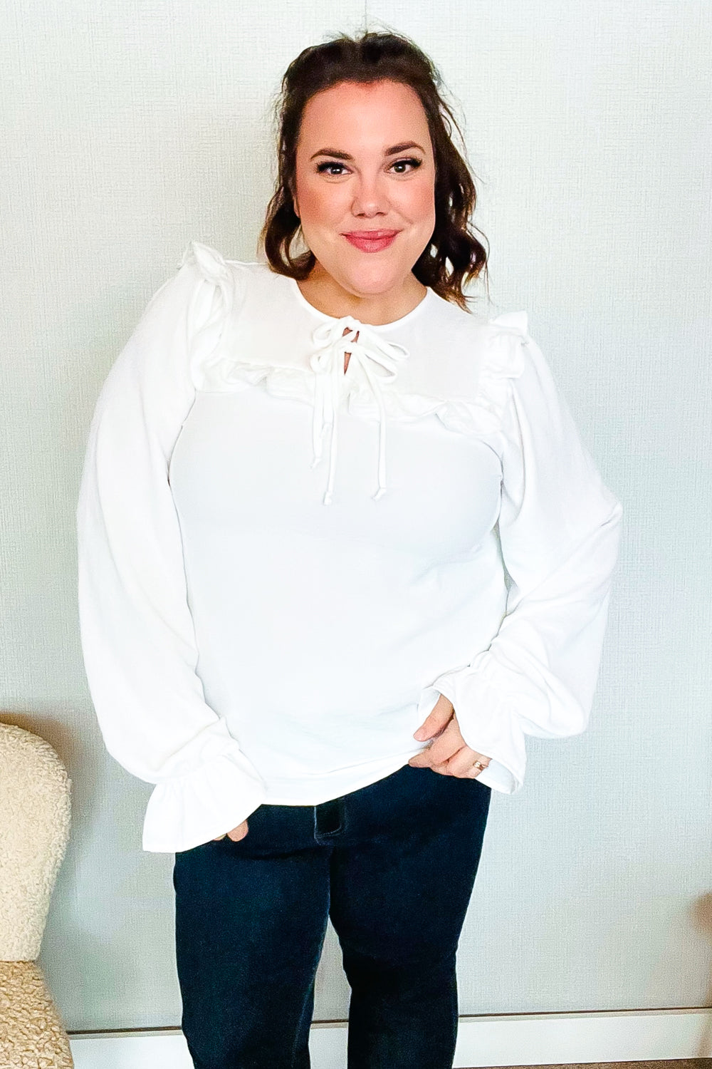 Eyes On You Ivory Ribbon Tie Bow Square Neck Ruffle Bubble Sleeve Blouse | Nikki &amp; Co. Boutique