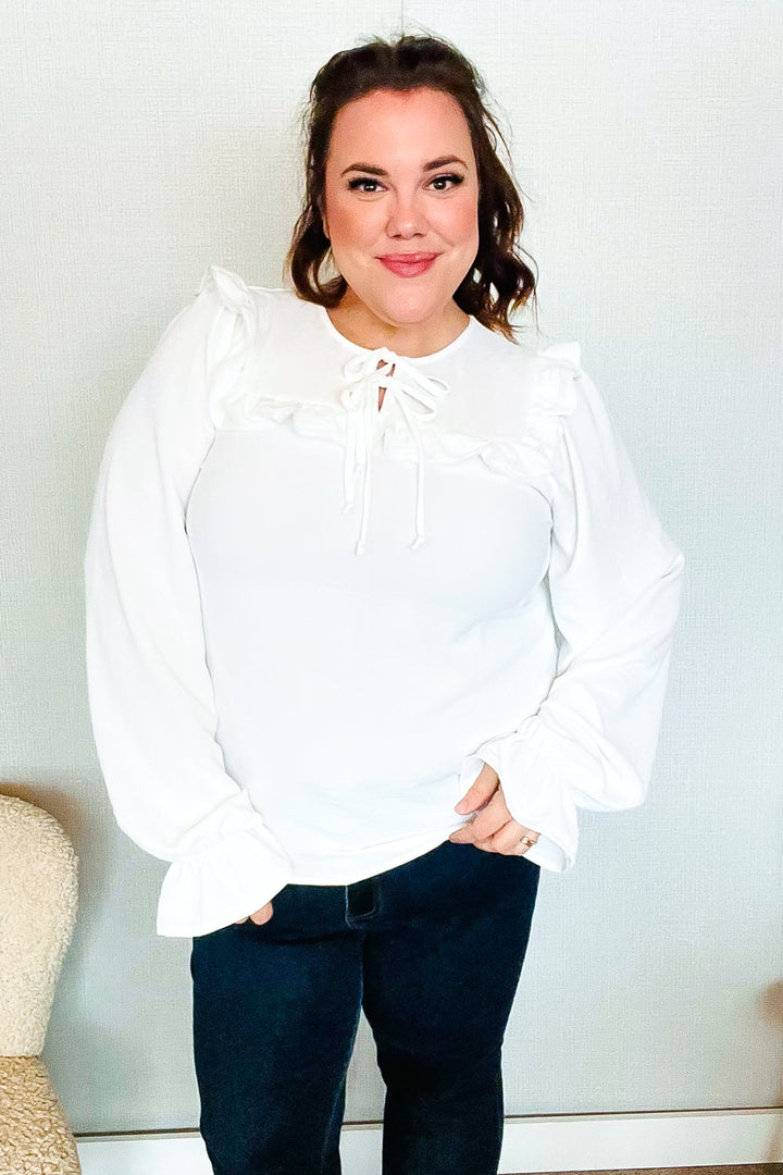 Eyes On You Ivory Ribbon Tie Bow Square Neck Ruffle Bubble Sleeve Blouse | Nikki &amp; Co. Boutique