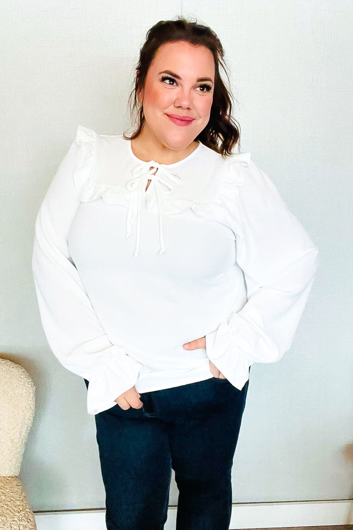 Eyes On You Ivory Ribbon Tie Bow Square Neck Ruffle Bubble Sleeve Blouse | Nikki &amp; Co. Boutique