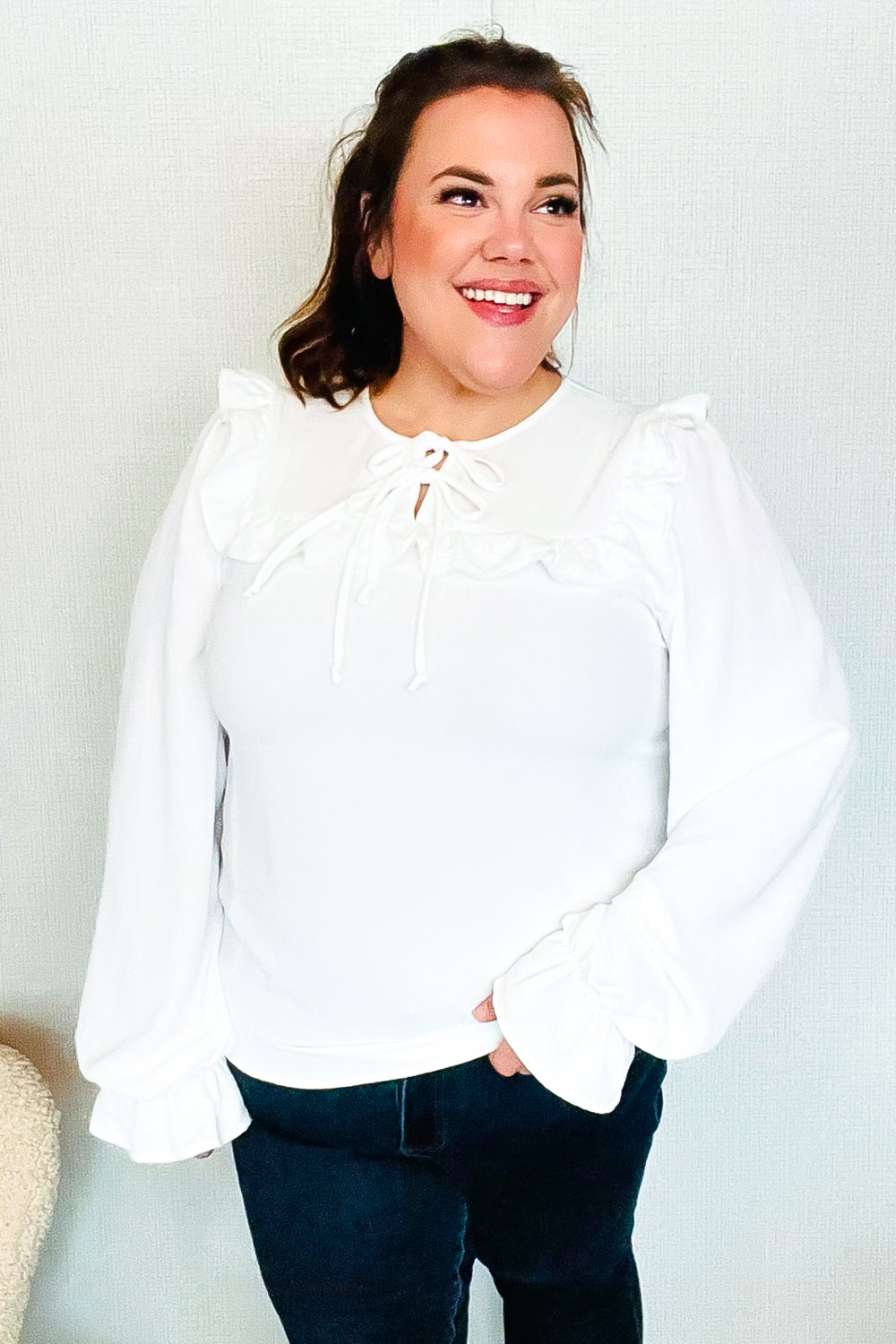 Eyes On You Ivory Ribbon Tie Bow Square Neck Ruffle Bubble Sleeve Blouse | Nikki &amp; Co. Boutique