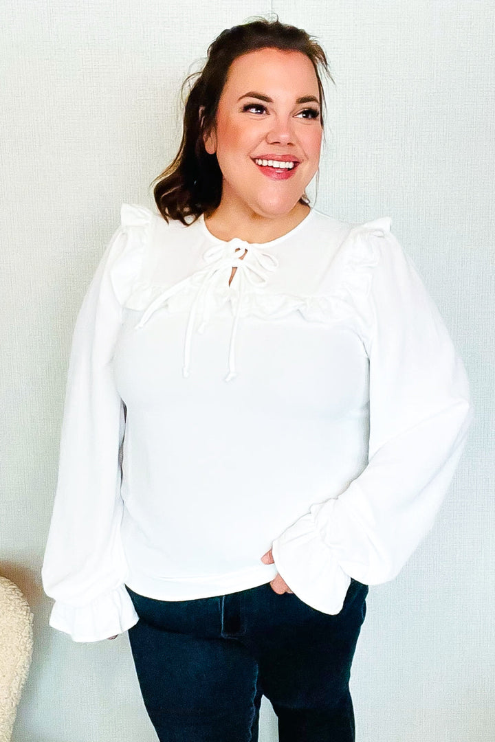 Eyes On You Ivory Ribbon Tie Bow Square Neck Ruffle Bubble Sleeve Blouse | Nikki &amp; Co. Boutique