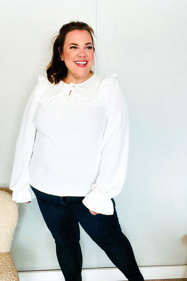 Eyes On You Ivory Ribbon Tie Bow Square Neck Ruffle Bubble Sleeve Blouse | Nikki &amp; Co. Boutique