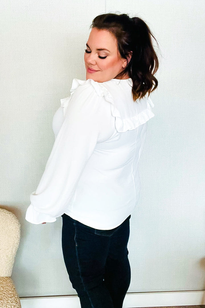 Eyes On You Ivory Ribbon Tie Bow Square Neck Ruffle Bubble Sleeve Blouse | Nikki &amp; Co. Boutique