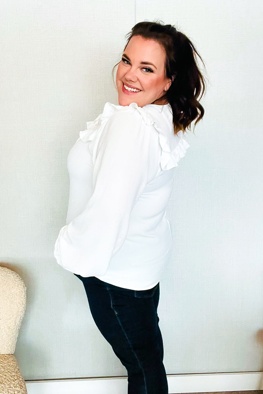 Eyes On You Ivory Ribbon Tie Bow Square Neck Ruffle Bubble Sleeve Blouse | Nikki &amp; Co. Boutique