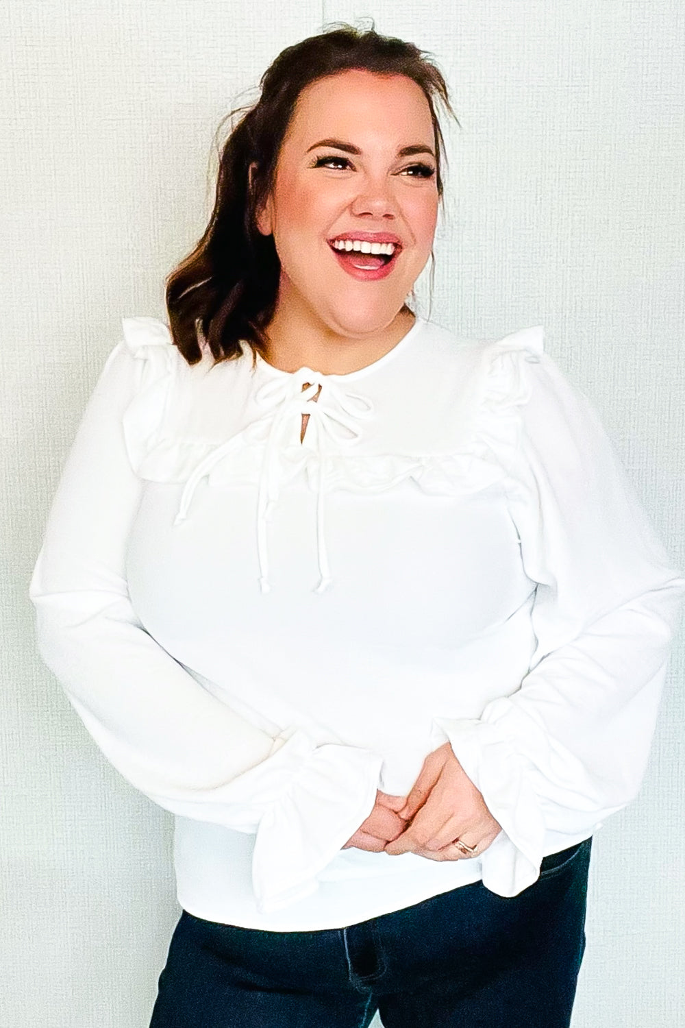 Eyes On You Ivory Ribbon Tie Bow Square Neck Ruffle Bubble Sleeve Blouse | Nikki &amp; Co. Boutique