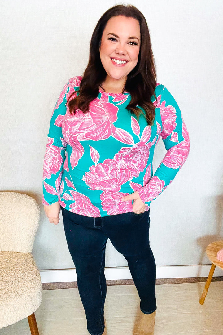 Find Love Aqua/Pink Fitted Floral Print Buttery Soft Knit Top | Nikki &amp; Co. Boutique