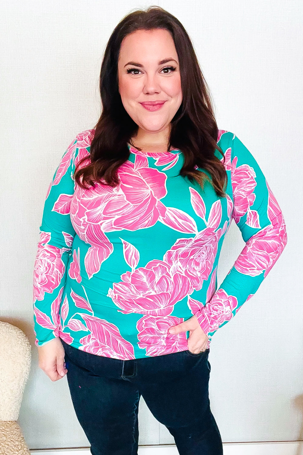Find Love Aqua/Pink Fitted Floral Print Buttery Soft Knit Top | Nikki &amp; Co. Boutique