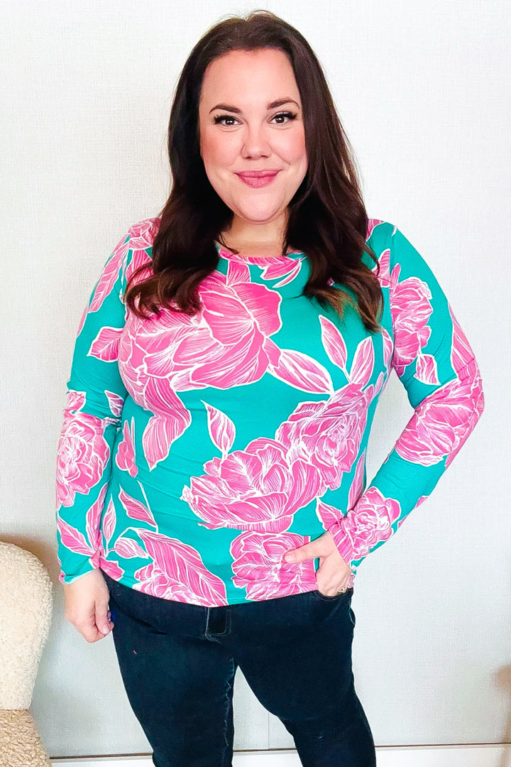 Find Love Aqua/Pink Fitted Floral Print Buttery Soft Knit Top | Nikki &amp; Co. Boutique