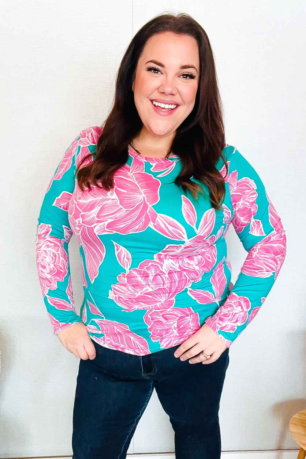 Find Love Aqua/Pink Fitted Floral Print Buttery Soft Knit Top | Nikki &amp; Co. Boutique