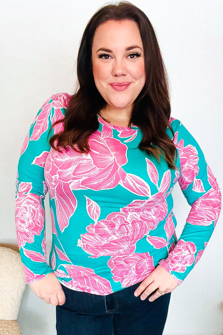 Find Love Aqua/Pink Fitted Floral Print Buttery Soft Knit Top | Nikki &amp; Co. Boutique
