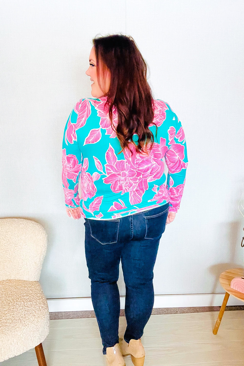 Find Love Aqua/Pink Fitted Floral Print Buttery Soft Knit Top | Nikki &amp; Co. Boutique