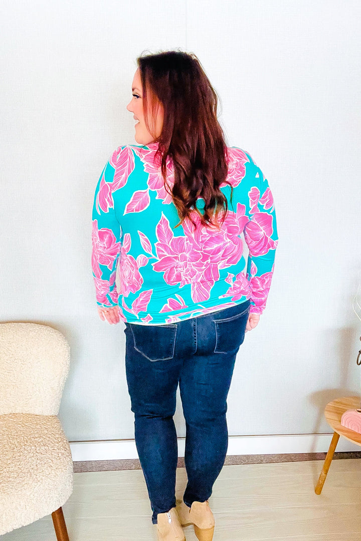 Find Love Aqua/Pink Fitted Floral Print Buttery Soft Knit Top | Nikki &amp; Co. Boutique