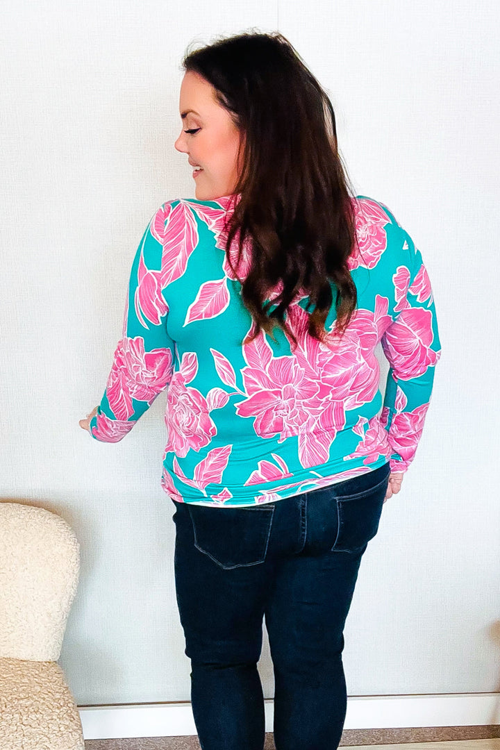 Find Love Aqua/Pink Fitted Floral Print Buttery Soft Knit Top | Nikki &amp; Co. Boutique