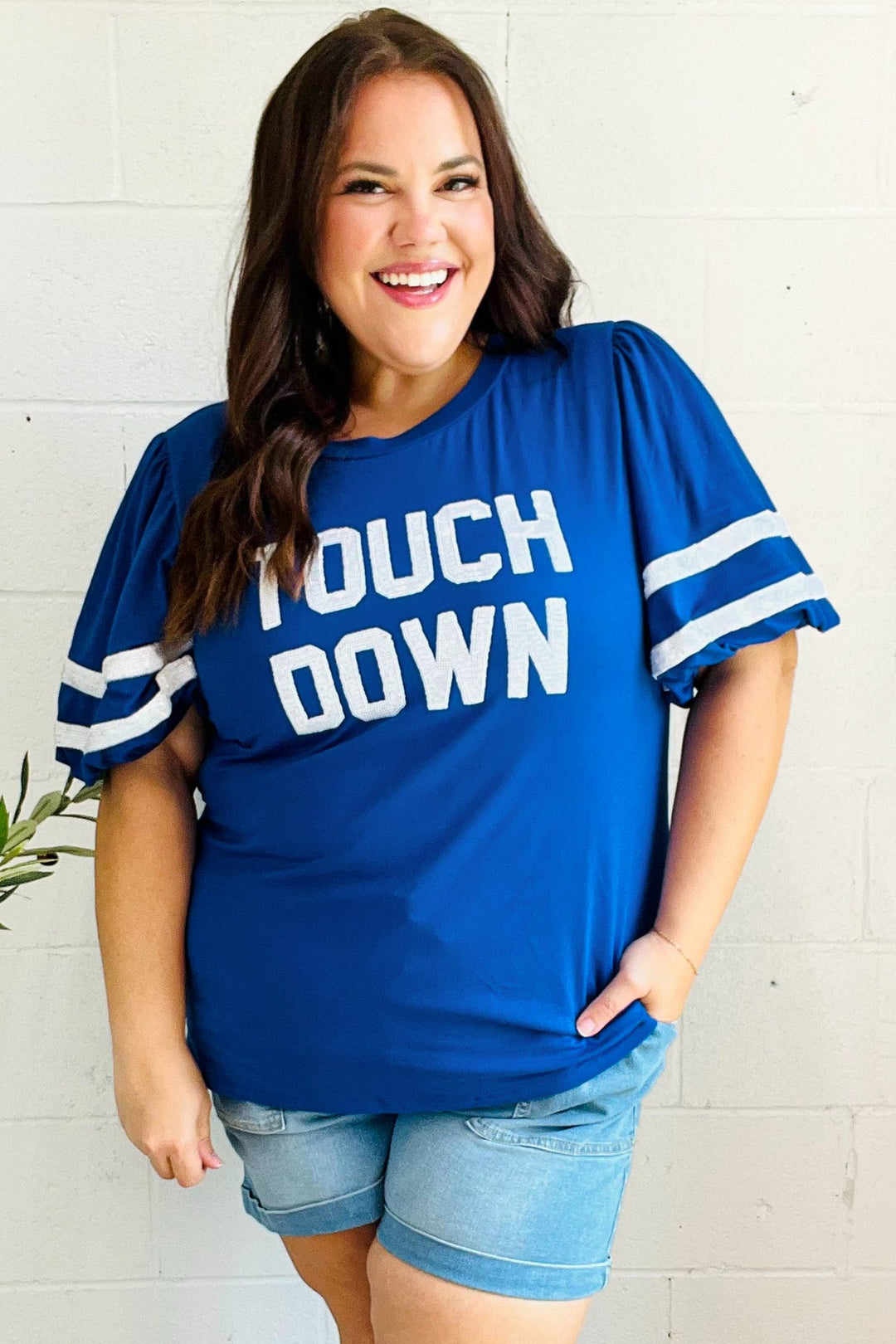 Stand Out Blue "TOUCHDOWN" Sequin Bubble Sleeve Game Day Top | Nikki &amp; Co. Boutique