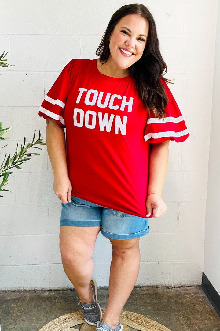 Stand Out Red "TOUCHDOWN" Sequin Bubble Sleeve Game Day Top | Nikki &amp; Co. Boutique