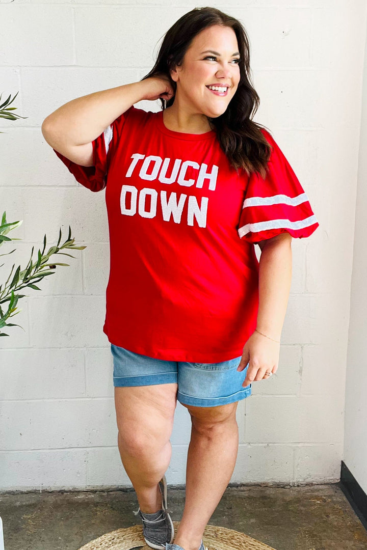 Stand Out Red "TOUCHDOWN" Sequin Bubble Sleeve Game Day Top | Nikki &amp; Co. Boutique