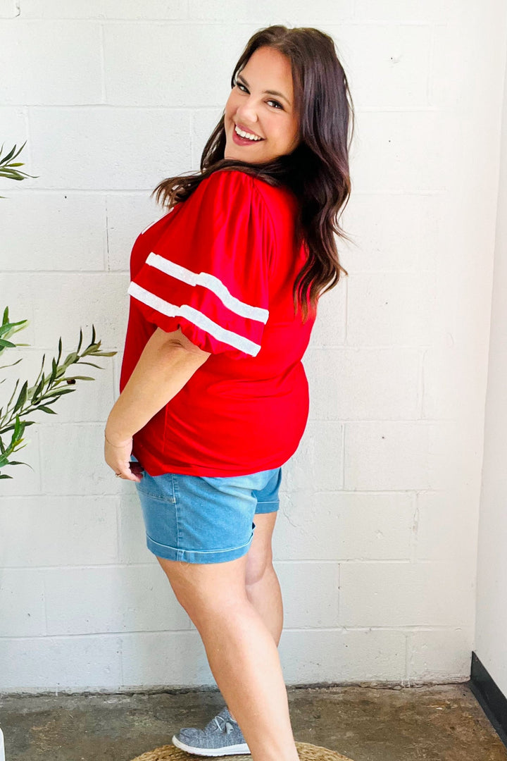 Stand Out Red "TOUCHDOWN" Sequin Bubble Sleeve Game Day Top | Nikki &amp; Co. Boutique