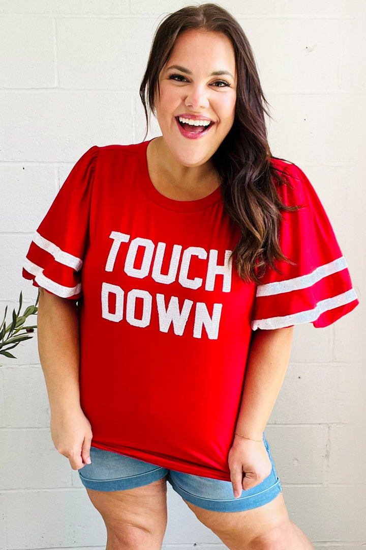 Stand Out Red "TOUCHDOWN" Sequin Bubble Sleeve Game Day Top | Nikki &amp; Co. Boutique