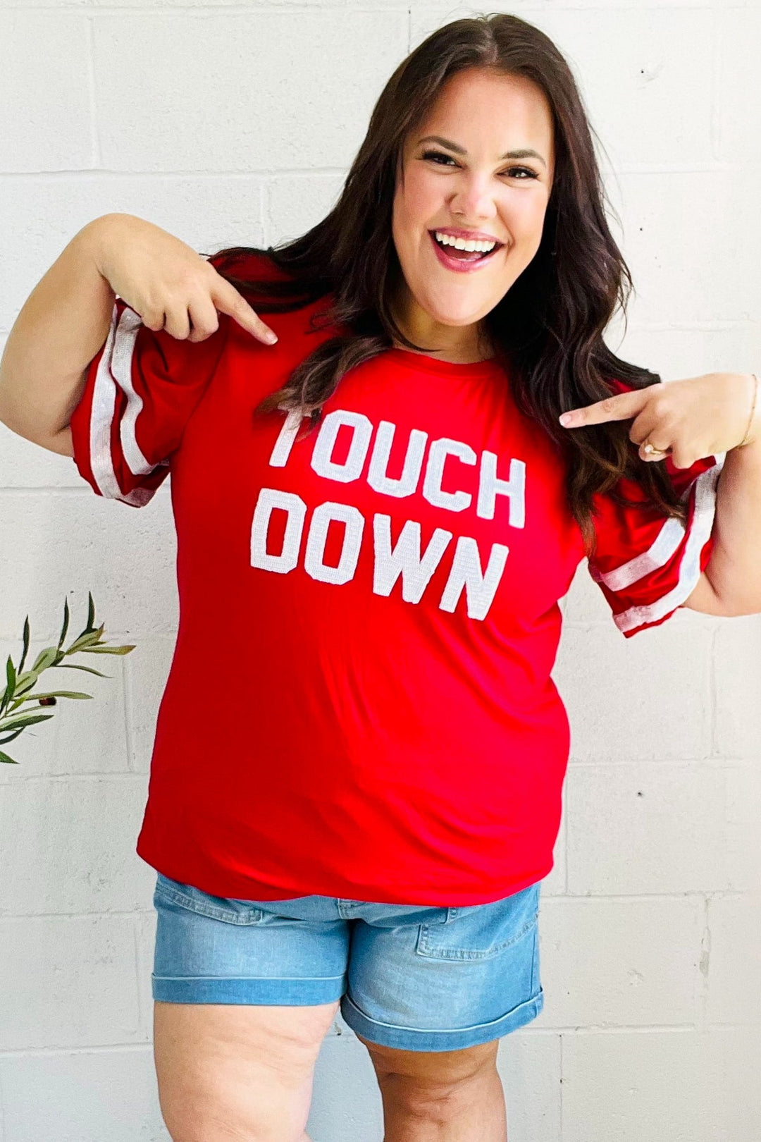 Stand Out Red "TOUCHDOWN" Sequin Bubble Sleeve Game Day Top | Nikki &amp; Co. Boutique