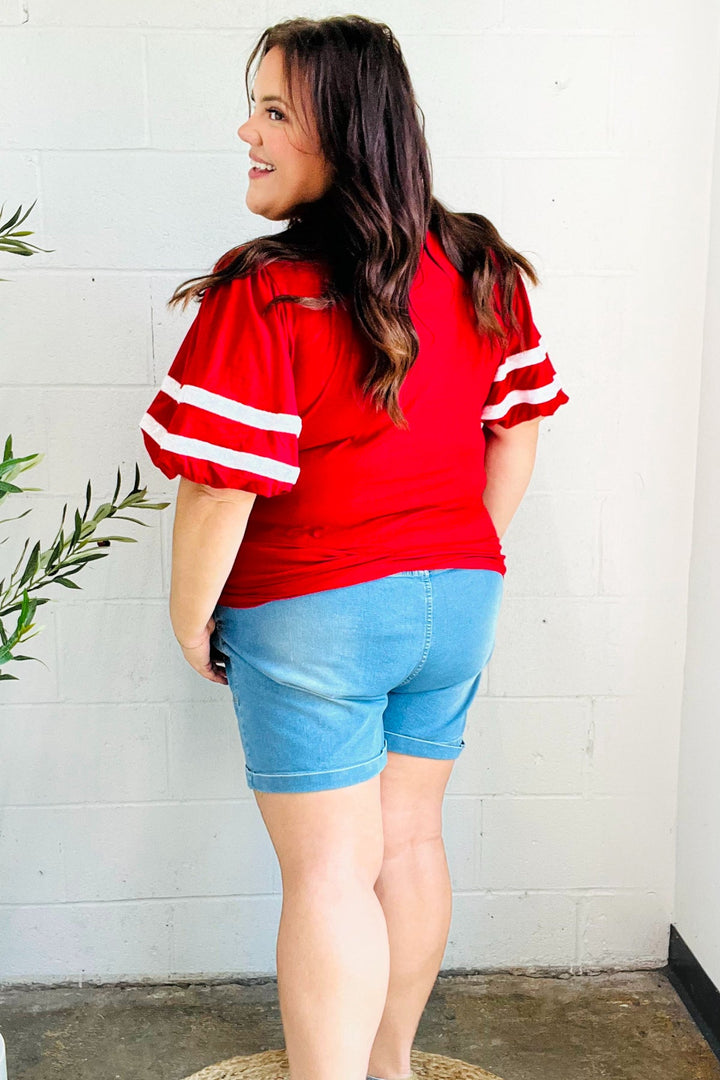 Stand Out Red "TOUCHDOWN" Sequin Bubble Sleeve Game Day Top | Nikki &amp; Co. Boutique