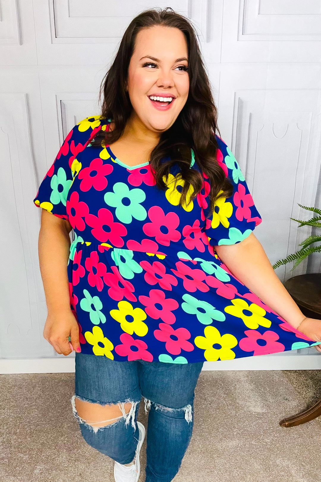 Sunny Days Navy Flat Floral Bubble Sleeve Babydoll Tops | Nikki &amp; Co. Boutique