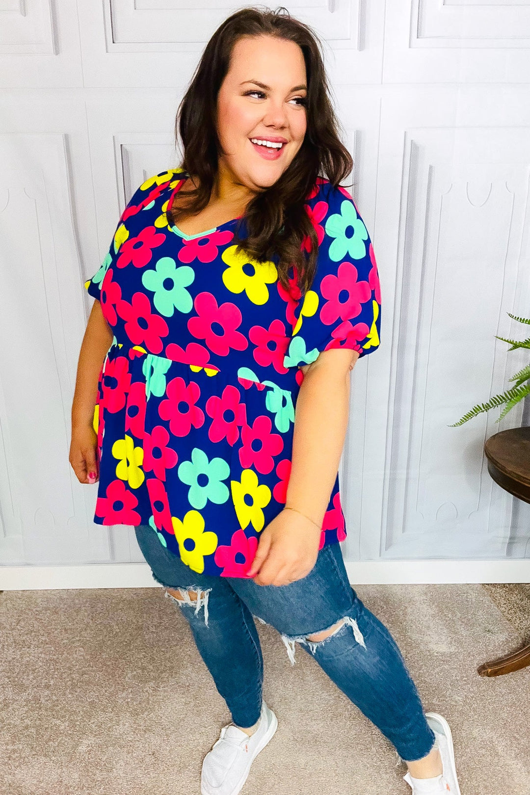 Sunny Days Navy Flat Floral Bubble Sleeve Babydoll Tops | Nikki &amp; Co. Boutique